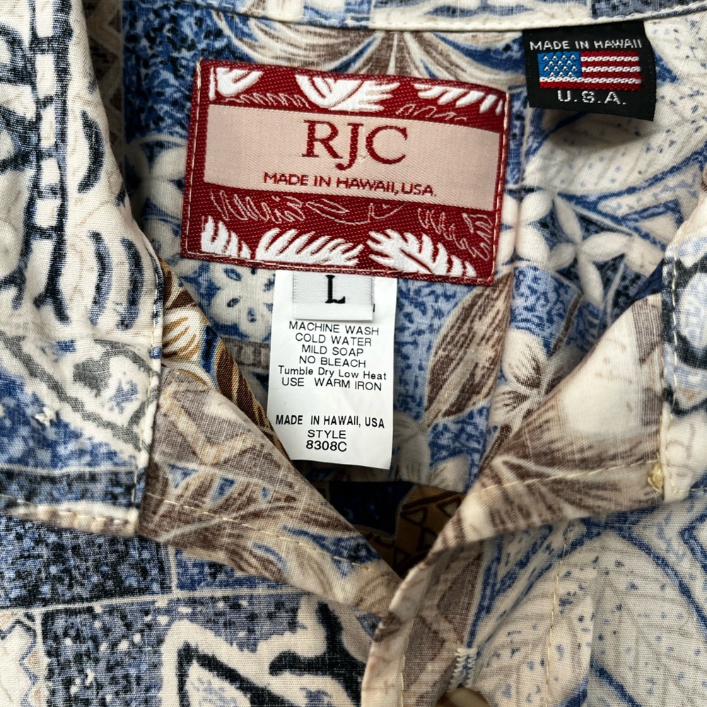 RJC Hawaiian Shirt with Blue, Brown and Cream Floral Design - Men’s Large